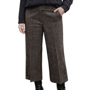 CAbi 137 Glen Plaid Wide Leg Capri Pants Button Embellished Stretch Brown Size 8